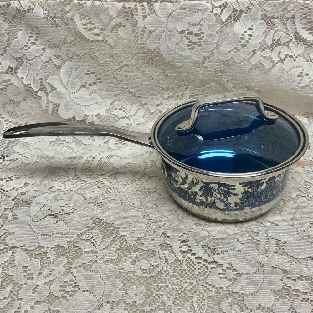 Blue Willow, Stainless Steel-Covered Sauce Pan 13.5in L x 6.5in D x 4.5in H